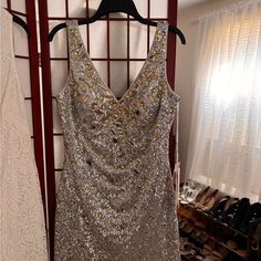 Beautiful Brand New Beaded Dressy Dress. Low Back The Neck Front. Dress Low Back, Dressy Dress, Dressy Dresses, Beaded Dress, Couture Dresses, Low Back, New Woman, Dress Brands, Silver Gold