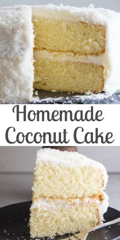 two pictures showing the inside of a coconut cake with white frosting on top and bottom