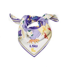 a bandana with an image of the university of lsu tigers and dinosaurs on it