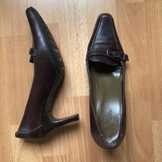 These Shoes Are A Pair Of Anne Klein Pumps, But Rather Than Regular Ol’ Heels, They Are Like A Classy Updated Version Of Loafers! Pretty Cool!! And They’re From The Leather Iflex Collection! They Are Dark Brown With Tan Or White Stitching. No Major Issues. Signs Of Normal Wear. See Pics. The Heel Is 2.5”-3”. I Think Closer To 3”. Pointy Toed Shoes That Don’t Come To A Spike Point, But A Square Point. Open To Offers! New To Poshmark? Sign Up Using My Code R_glover And Receive $10 Off Your First P Brown Leather Pointed Toe Court Shoes, Brown Round Toe Court Shoes For Office, Brown Court Shoes For Office In Fall, Brown Heels For Business In Fall, Brown Almond Toe Court Shoes For Fall, Brown Square Toe Office Court Shoes, Brown Slip-on Heels For Office, Brown Almond Toe Court Shoes For Office, Chic Brown Court Shoes For Business