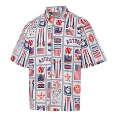 Leave no doubt that you are the number one Houston Astros supporter by adding this Americana shirt from Reyn Spooner to your rotation. It features a thrilling design of ballpark graphics, which includes team logos, baseball gloves, bats, hot dogs, popcorn and so much more. The one-of-a-kind look of this button-up top will quickly make it your go-to option for those warm Houston Astros game days. Material: 100% Cotton Full-button front Allover printed design Officially licensed Machine wash, tumb Printed Short Sleeve Tops For Sports Events, Fan Merchandise Printed Short Sleeve Shirt, Cotton Printed Tops For Sports Events, Short Sleeve Graphic Print Shirt For Fans, Graphic Print Short Sleeve Shirt For Fan Gear, Relaxed Fit Short Sleeve Shirt For Sports Events, Game Day Short Sleeve Graphic Print Shirt, Game Day Short Sleeve Graphic Shirt, Game Day Graphic Print Short Sleeve Shirt