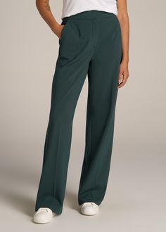 American-Tall-Women-Flat-front-wide-Leg-Dress-Pants-Smoky-Pine-front Green Wide Leg Pants For Formal Fall Occasions, Formal Green Wide Leg Pants For Fall, Relaxed Fit Elastane Wide Leg Pants For Work, Tailored Green Wide Leg Pants For Formal Occasions, Elastane Wide Leg Pants For Work, Solid Full Length Work Pants For Fall, Full Length Elastane Work Pants For Workwear, Fall Solid Full Length Work Pants, Fall Full Length Solid Work Pants