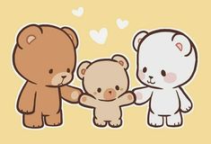 three teddy bears are holding hands with each other in front of a heart - shaped background