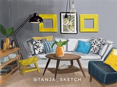 a drawing of a living room with yellow and blue accents on the couches, coffee table, bookshelf and lamp