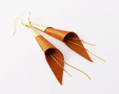 Cone genuine leather earrings - gold plated jewelry - Brown and gold earrings - modern earrings - we Party Leather Dangle Earrings, Elegant Leather Earrings As Gift, Elegant Leather Earrings For Gift, Elegant Leather Earrings Perfect For Gifts, Elegant Brown Leather Earrings, Elegant Leather Earrings With Ear Wire, Gold Leather Dangle Earrings, Gold Leather Earrings For Gift, Elegant Leather Dangle Earrings