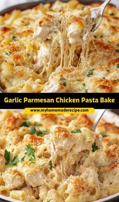 two pictures of garlic parmesan chicken pasta bake