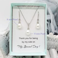 "⚠️⚠️⚠️ PLEASE MAKE SURE TO SEE THE PHOTO TO CHOOSE WHICH MESSAGE CARD NUMBER (#1-30) YOU WOULD LIKE ⚠️⚠️⚠️ SPECIFICATIONS: ♠ For Necklace * Metal Type : Copper + Rhodium Plated * Material : Imitation Pearl * Necklace Length : Approx. 16\"+ 2\" extension * Pearl Size : 8mm * Pearl Color : Creamy White ♠ For Earrings * Metal Type : Copper + Rhodium Plated * Material : Imitation Pearl * Earrings Length : Approx. 1 1/8\" (2.8 cm) * Pearl Size : 8 mm * Pearl Color : Creamy White * The parts that we Elegant Silver Necklace For Special Day, Elegant Jewelry Sets For Mother's Day Wedding, Elegant Jewelry Sets For Wedding And Mother's Day, Elegant Personalized Jewelry For Special Day, Silver Pearl Jewelry Sets For Gifts, Elegant Silver Jewelry For Special Day, Pearl Jewelry Sets Gift, Pearl Jewelry Sets For Gifts, Adjustable Pearl Jewelry Sets For Gift