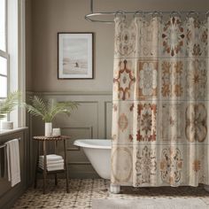 a bath room with a tub and a shower curtain