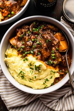 two bowls filled with meat and mashed potatoes