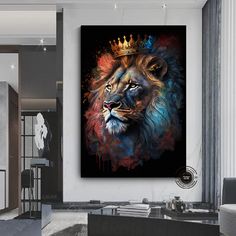 a painting of a lion with a crown on it's head in a living room