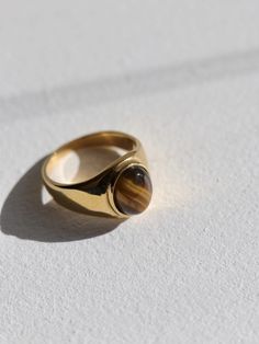 Pagona Oval Stone Ring 18K on Titanium Steel Oval Stone Ring, Full Finger Rings, Eye Green, Brown Tiger, Brown Tiger Eye, Brown Stone, Knuckle Ring, Couple Jewelry, Knuckle Rings