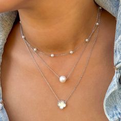 Floating Single Freshwater Pearl Necklace | Alexandra Marks Jewelry Luxury White Gold Single Strand Pearl Necklace, How To Style Pearl Necklace, How To Style Pearls, Floating Pearl Necklace, Graduation Present, Outfit Simple, Layered Necklaces Silver, Bridal Jewelry Collection, Silver Pearl Necklace