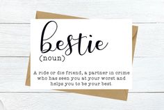 a card with the words bestie on it and a cup of coffee next to it