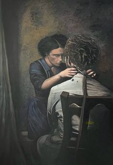 a painting of a woman sitting at a table next to a man with curly hair