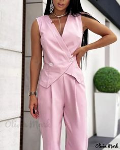 Olivia Mark - Chic and Stylish V-Neck Buttoned Tank Top with Ruched Pants Set Casual V-neck Pantsuit For Work, Casual Pink Pantsuit For Work, Casual Pink Spring Pantsuit, Casual Pink Pantsuit For Spring, Sleeveless Pink Pantsuit For Spring, Casual V-neck Spring Pantsuit, Sleeveless Pink Pantsuit For Work, Spring Casual V-neck Pantsuit, Pink Sleeveless Pantsuit For Work