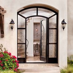 iron french double door with arched top and 1-lite glass Iron French Doors, Single Entry Door, Arched Front Door, Wrought Iron Entry Doors, Single Entry Doors, Steel Frame Doors, Steel French Doors, Iron Entry Doors, Door Sweep