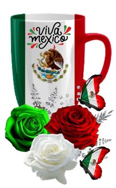 the mexican flag is next to two roses and a coffee cup with butterflies on it