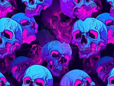 a bunch of skulls that are all different colors and sizes on a black background with pink, blue, and purple hues