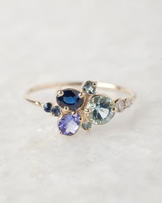 Blue Sapphire And Aquamarine Ring, Asymmetrical Ring, Water Ring, Family Ring, Baguette Diamond Rings, Gold Diamond Wedding Band, Aquamarine Engagement Ring, Cluster Rings, Colour Blocking