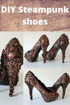 four different pictures of shoes made out of steampunk materials and metal parts, with the words diy steampunk shoes on them