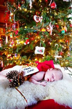 a baby sleeping in front of a christmas tree