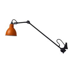 an orange lamp on a white background with clippings and black metal arm,