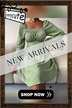 Women Casual High Waist Pleated Commuter Dresses Autumn Elegant Solid Long Sleeve Dress Fashion Square Collar A-line Party Dress Fall A-line Mini Dress In Solid Color, Spring Fit And Flare A-line Mini Dress, Fit And Flare Solid Color Mini Dress, Fit And Flare Mini Dress In Solid Color, Fall A-line Mini Dress Solid Color, Fall Solid Color A-line Mini Dress, Fit And Flare Mini Dress For Spring, Pleated Square Neck Dress In Solid Color, Green Non-stretch Mini Dress