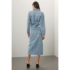 Blue denim (100% Cotton).Denim Sheath. Long sleeves. Collar. Front zipper fly with button closure. 51.5" from shoulder to hemline. Imported. Long Sleeve Washed Denim Dress For Work, Long Sleeve Washed Blue Denim Dress, Light Wash Long Sleeve Denim Work Dress, Light Wash Long Sleeve Denim Dress For Work, Long Sleeve Light Wash Denim Dress For Work, Long Sleeve Light Wash Denim Workwear Dress, Long Sleeve Denim Dress For Work, Fall Denim Dress For Workwear In Light Wash, Long Sleeve Medium Wash Denim Dress For Work