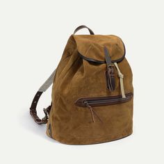 Camp backpack / Suede - Tobacco I Made in France Classic Brown Backpack For Outdoor Use, Classic Brown Backpack For Outdoor, Brown Leather Trim Standard Backpack, Daily Use Brown Backpack With Leather Trim, Brown Waxed Finish Standard Backpack, Brown School Bag With Leather Trim, Brown School Backpack With Leather Handles, Casual Brown Backpack With Leather Handles, Brown Satchel Backpack With Leather Handles