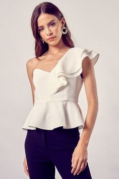 This one shoulder elevated ruffled top, with its signature peplum bottom, is the perfect choice for an evening of stylish dancing. Utilizing the latest fashion trends, this top pairs perfectly with a variety of outfits. Prepare to take the dance floor by storm. Size + Fit- Model is wearing size S- Measurements taken from size S- 5'9" / 175CM- 32-24-35 Fabric Contents: SELF: 95% POLYESTER 5% SPANDEX, LINING: 100% POLYESTER One Shoulder Ruffle Top, Casual Glam, Peplum Styles, Fashion Marketing, One Shoulder Tops, Trendy Clothes For Women, Feminine Look, Sheer Fabrics, Peplum Top