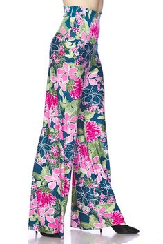 High waist palazzo pants with fold over waist, comfy, stretchy. Beautiful floral tropical print. Comfortable all day. Made in USA.Color: Teal Fuchsia Pink GreenSizes: S-M-LS-28-30, M 30-32, L 32-34 inseam 32" unfinished hem-cut to fit your size 92% Polyester, 8% Spandex, Made in USAP3/B2388 High Waist Palazzo Pants, High Waisted Palazzo Pants, Tropical Flower, Bright Flowers, Palazzo Pants, Tropical Print, Fold Over, Pajama Pants, Made In Usa