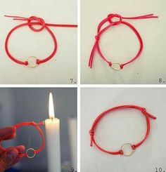 four pictures showing how to make a bracelet with red string and a white lit candle