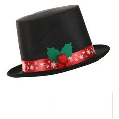 a black hat with holly and red ribbon