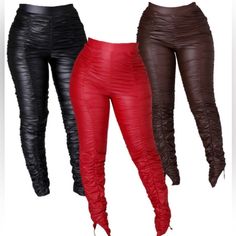 Labijou, Faux Leather Pants In The Colors Red And Brown. Sizes: 1 Brown, 1 Red In Small And 1 Brown, 1 Red In Medium. Material: 97% Polyester And 3% Spandex Red High Waist Bottoms For Going Out, Chic Red Bottoms For Going Out, Casual Stretch Red Leather Pants, Red Stretch Faux Leather Bottoms, Stretch Red Faux Leather Bottoms, Red Leggings For Night Out In Fall, Trendy Red Leggings For Night Out, Red Stretch Leather Pants For Fall, Red Faux Leather Pants For Night Out