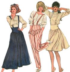 Skirt and pants, gathered to self faced yokes with slightly raised waistline have back zipper side seam pockets and suspenders with front clip closure. Size: 6 8 10  Bust: 30.5-32.5" Waist: 23-25" Hip: 32.5-34.5" Uncut, factory folded complete with instructions. Envelope shows wear with age yellowing, foxing, folds/wrinkles, torn corner and missing flap.  I have hundreds of patterns listed, save on shipping with multiple items. FREE SHIPPING available for any order totaling $35 or more. Skirt Like Pants, Fitted Bottoms With Suspenders For Spring, Retro Fitted Gathered Skirt, Retro Fitted Bottoms With Gathered Skirt, Suspenders Outfit, Skirt And Pants, Outfit References, Kawaii Crochet, Vintage Clothes