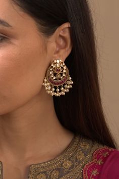 18kt gold plated 92.5 silver chandbalis with vellore polki, semi precious ruby and freshwater pearl embellishments. - Aza Fashions Ruby Stone, Aza Fashion, Silver Color, Freshwater Pearls, Semi Precious, Embellishments, Ruby, Gold Plate, Plating