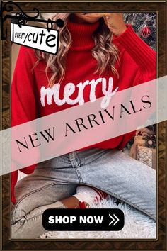 Red Merry Letter Embroidered High Neck Sweater Red Letter Print Sweater For Fall, Trendy Letter Embroidered Sweater For Winter, Trendy Letter Embroidery Sweater For Winter, Trendy Red Sweater With Letter Print, Winter Sweater With Letter Embroidery, Fall Sweater With Embroidered Text, Trendy Winter Sweater With Embroidered Text, Trendy Embroidered Sweater For Winter, Casual Red Embroidered Sweater