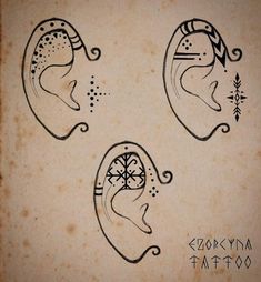 an old book with three designs on the front and back of their faces, one is drawn in black ink