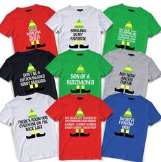 six t - shirts with funny sayings on the front and back, all in different colors