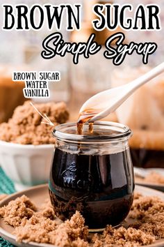 brown sugar in a glass jar with spoon on plate next to another bowl full of cookies