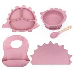 pink baby feeding set with spoons and utensils