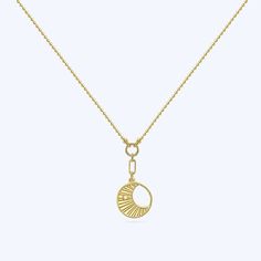 A round moon and star pendant on a gold plated lariat chain. Gold plated sterling Pendant is .4" wide Gold Moon Charm Chain Necklace, Celestial Yellow Gold Charm Necklace With Adjustable Chain, Elegant Brass Charm Necklace With Moon Charm, Celestial Charm Necklace In Yellow Gold With Delicate Chain, Elegant Brass Moon Charm Necklace, Elegant Chain Necklace With Moon Charm, Gold Chain Necklace With Moon Charm, Gold Sterling Silver Lariat Chain Necklace, Gold Celestial Dangle Charm Necklaces