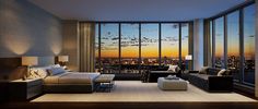 a living room filled with furniture and large windows overlooking the city at sunset or dawn