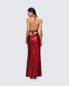 Turn up the heat with every step in this red metallic gown ❤️ Crafted from metallic knit fabric and complete with tie-back detailing, a low back, and a cowl neckline - this look will have you bringing out everyone’s passionate side 🥵 Metallic Gown, Metallic Knit, Black Off Shoulder, Graphic Top, Cowl Neckline, White Jersey, Turn Up, Pocket Pants, White Mini Dress