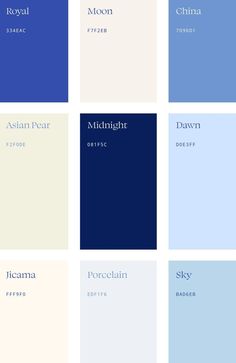 different shades of blue and white with the names of each color in them, all on one