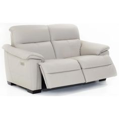 a white leather reclining sofa with two arms and headrests, facing the camera