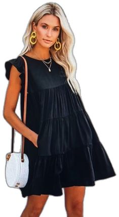 Black Shift Dress For Summer, Black A-line Dress With Pockets, Black Casual Tiered Mini Dress, Casual Black Tiered Mini Dress, Black Shift Dress Casual Style, Casual Black Shift Dress, Black Ruffled Midi Dress For Beach, Black Flowy Knee-length Mini Dress, Black A-line Dresses With Pockets