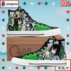 an anime themed pair of high top shoes with characters on the front and back side