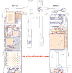 the layout of an iphone's motherboard is shown in red and orange, with several