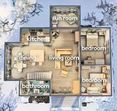 the floor plan of a two bedroom, one bathroom and living room apartment in snow - covered trees